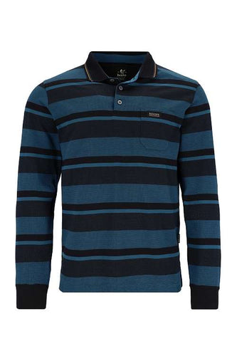 Hajo nay and blue striped rugby polo