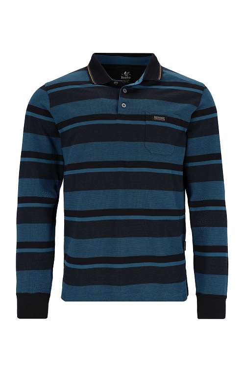 Hajo nay and blue striped rugby polo