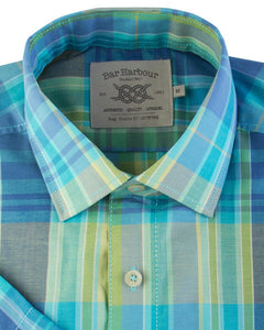 Bar Harbour Short Sleeve Check Rainbow Aqua Blue Shirt Big and Tall