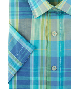 Bar Harbour Short Sleeve Check Rainbow Aqua Blue Shirt Big and Tall