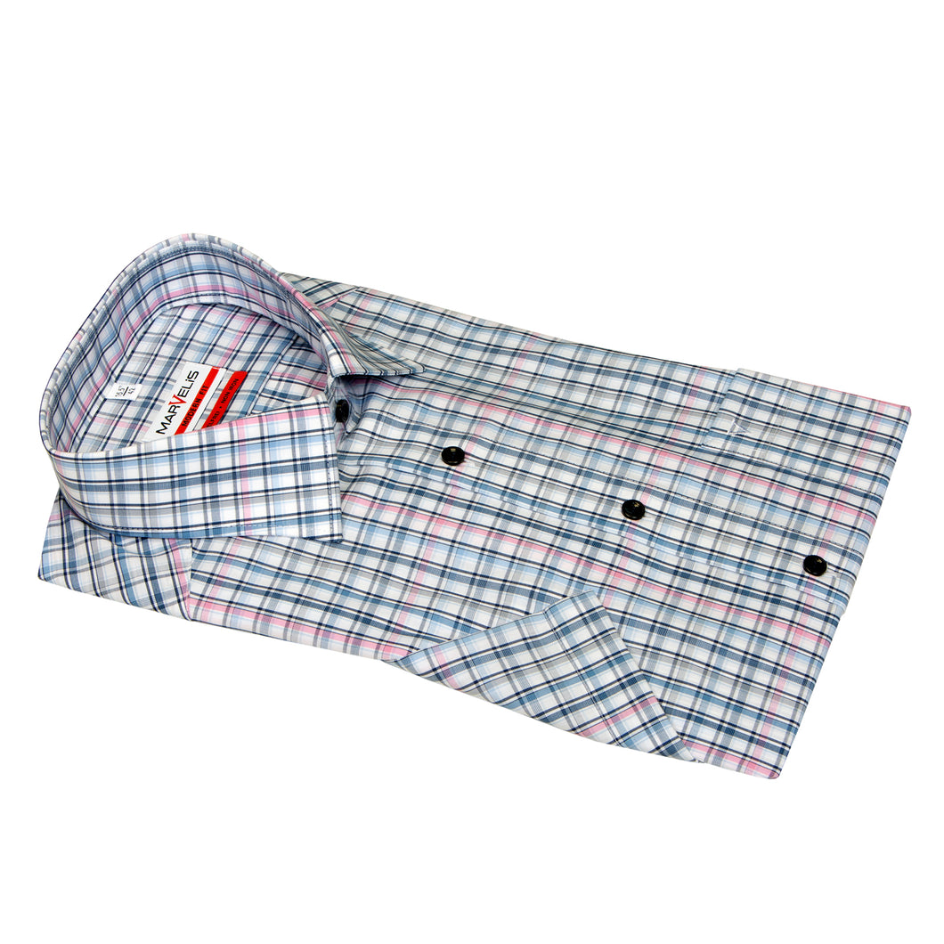 Marvelis pink and blue cotton check short sleeve shirt