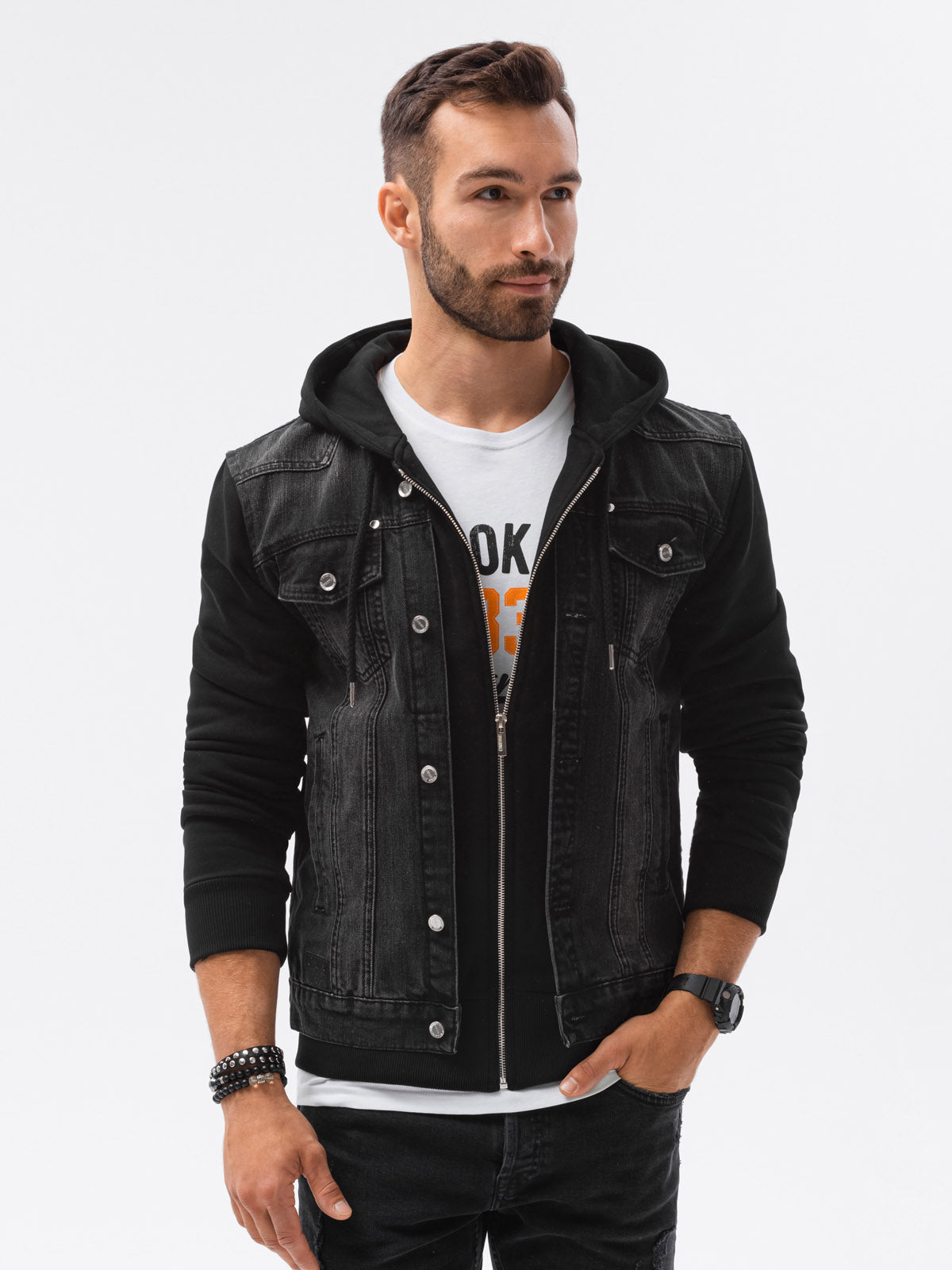 Ombre hooded  black denim hybrid jacket