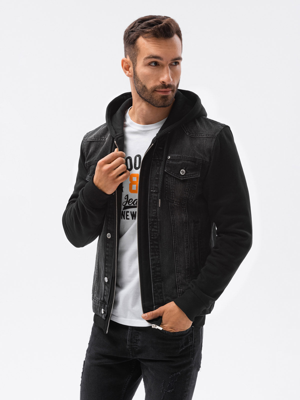 Ombre hooded back denim hybrid jacket