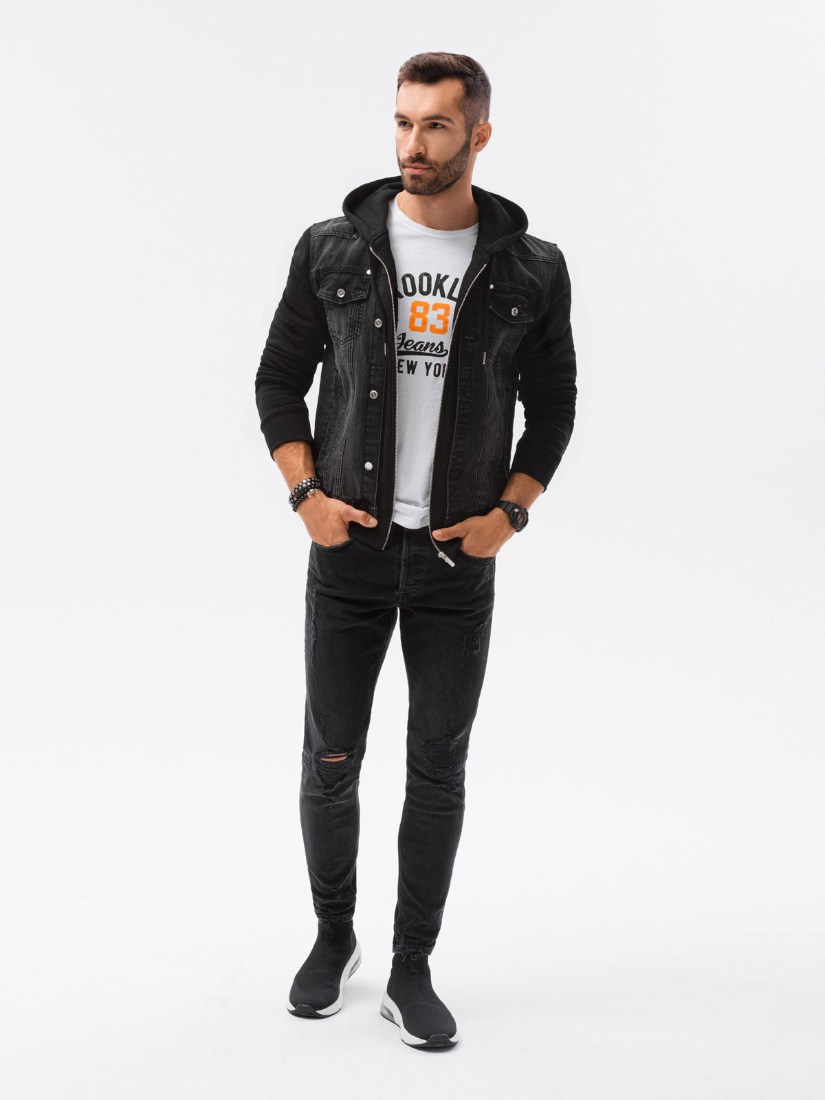Ombre hooded black denim hybrid jacket