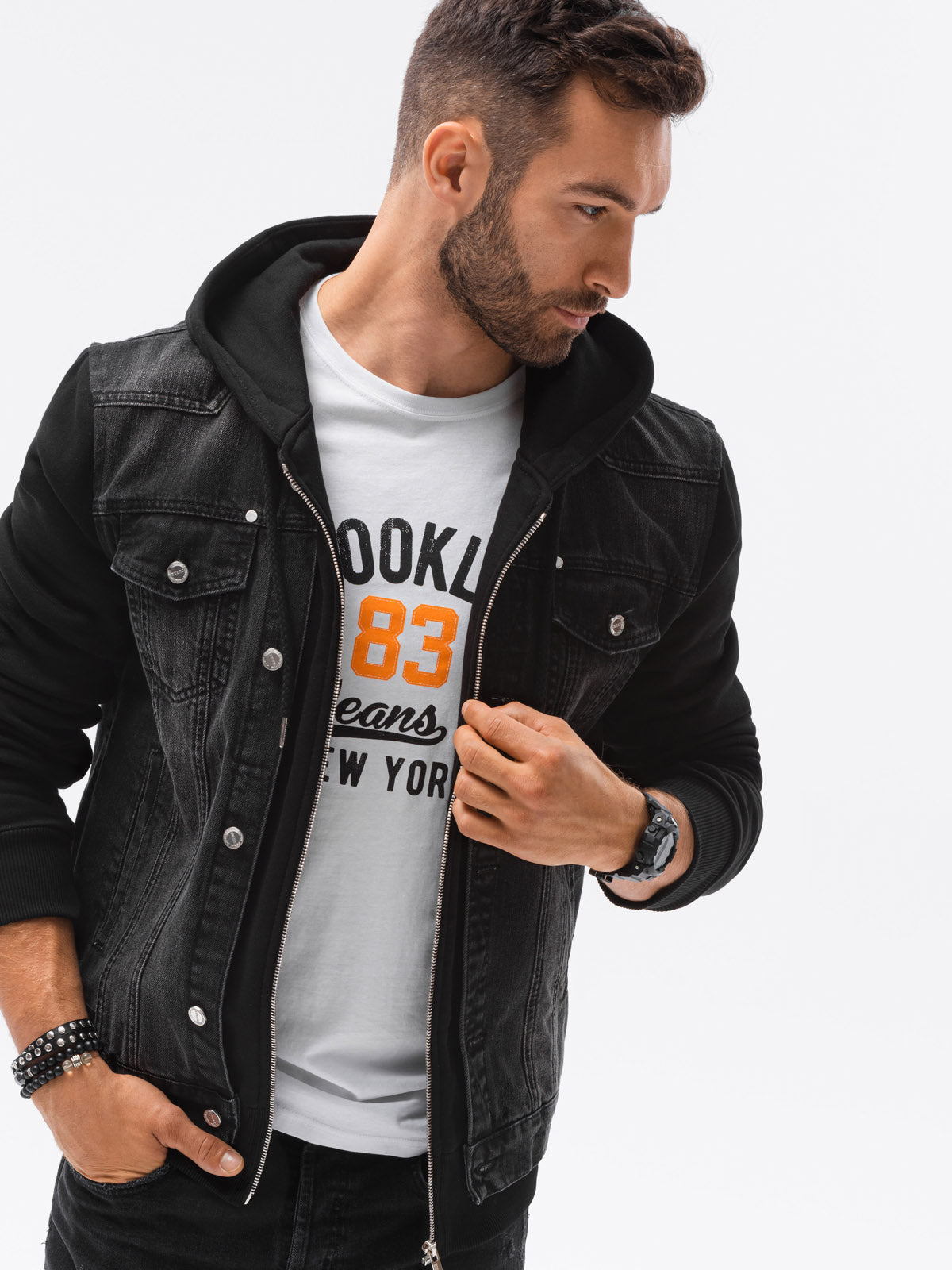 Ombre hooded black denim hybrid jacket