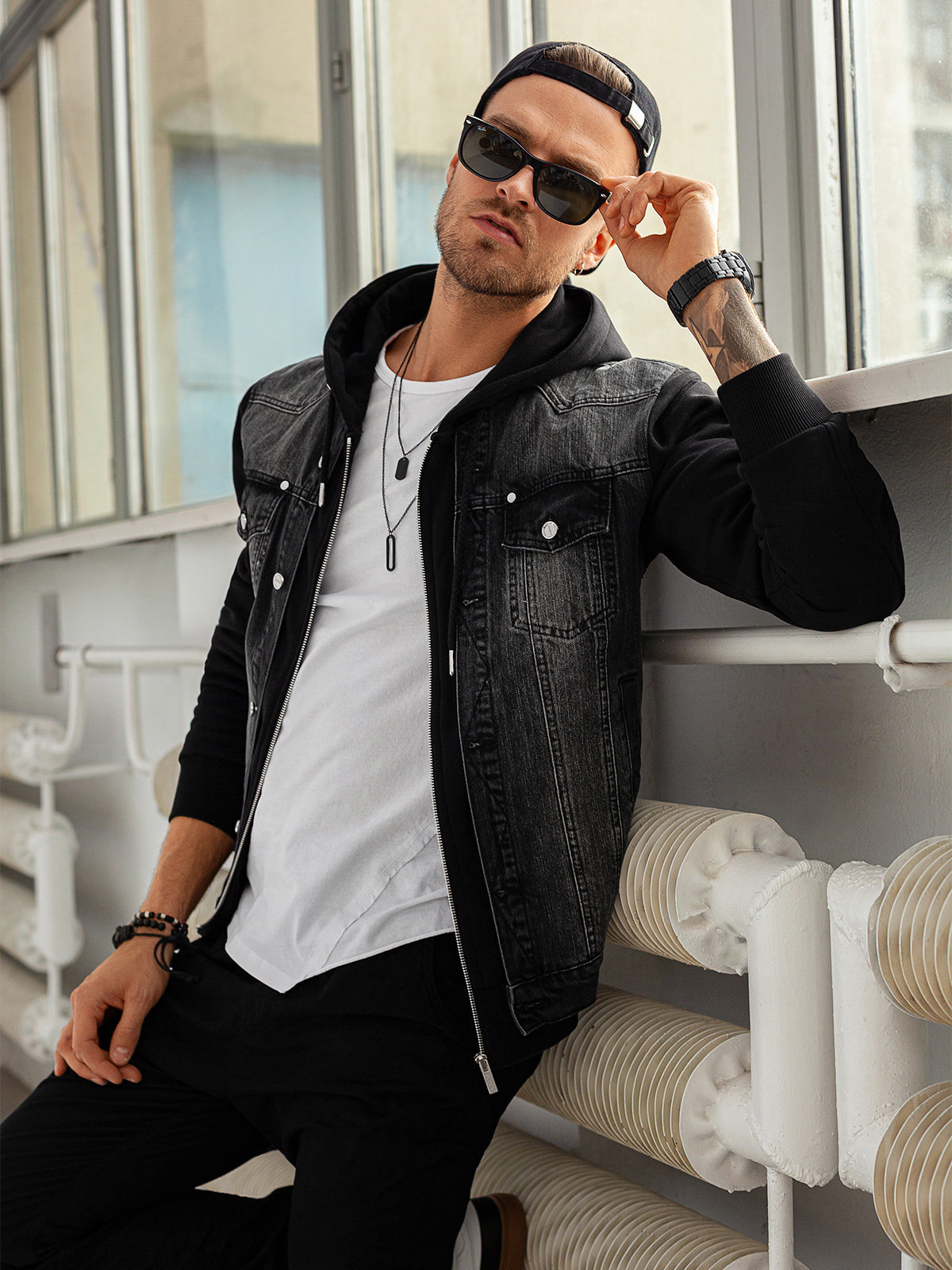 Ombre hooded black denim hybrid jacket