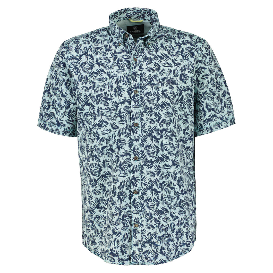 Lerros palm leaf design turquoise short sleeve cotton shirt